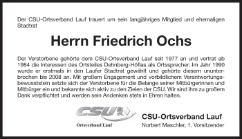 Traueranzeige von Friedrich Ochs von Pegnitz-Zeitung